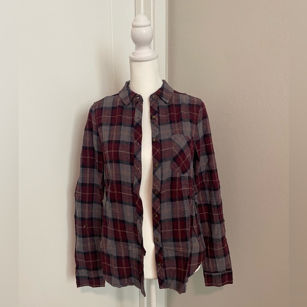 Red and Grey Windowpane Plaid Button Up Shirt